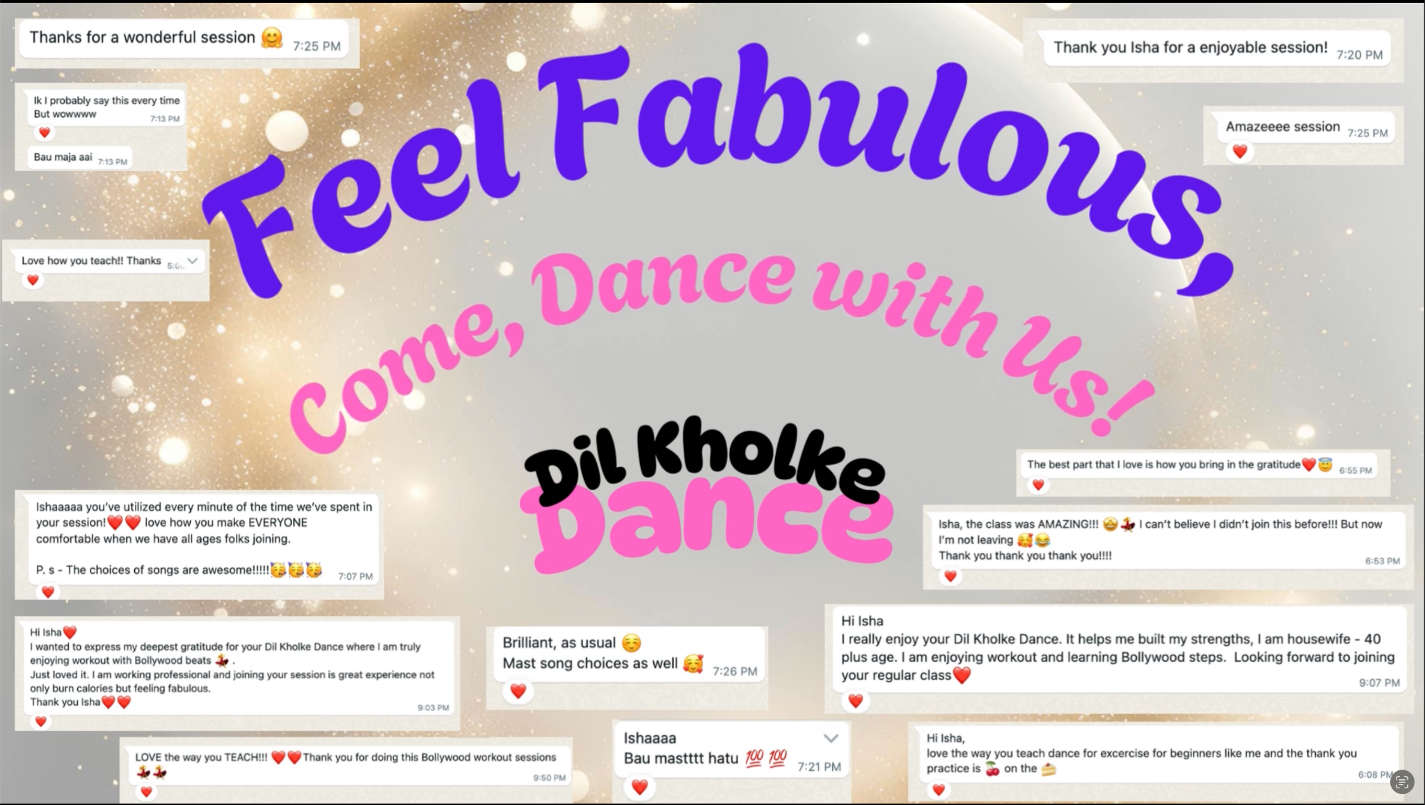 Collage of participant feedback messages for Dil Kholke Dance
